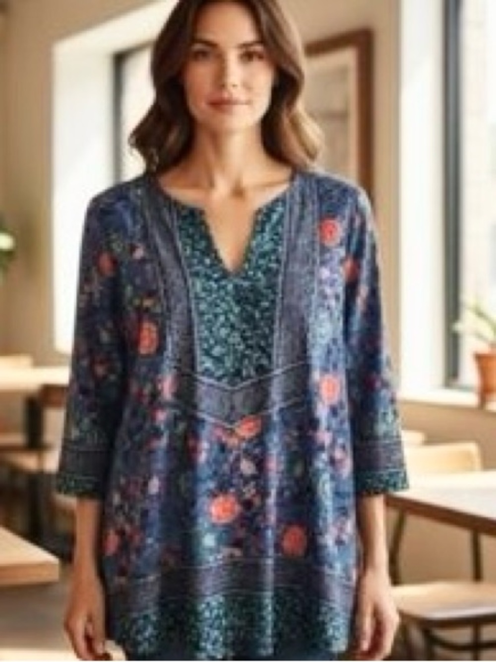 Lucky Brand cotton blend Blue Floral Split-Neck prairie peasant Blouse XXL